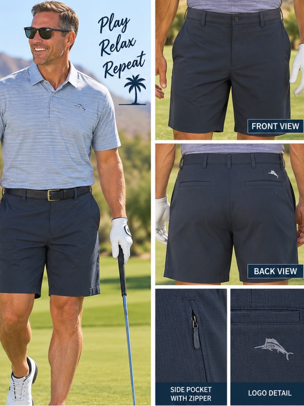 Tommy Bahama Men’s Midnight Charcoal Flat Front Golf Shorts 42